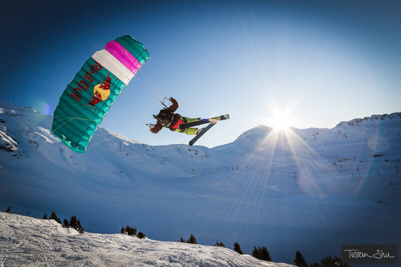 Skier with paraglider