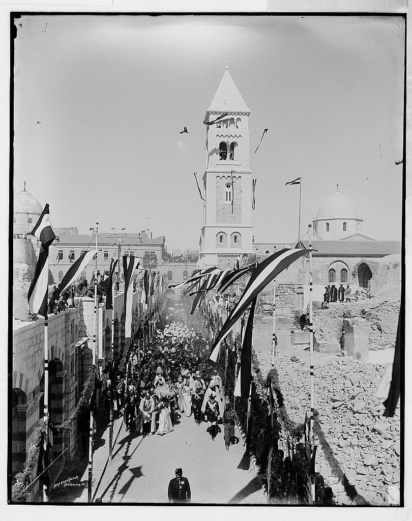 Kaiser and Kaiserin lead royal cortege past the German Lutheran Church of the Redeemer